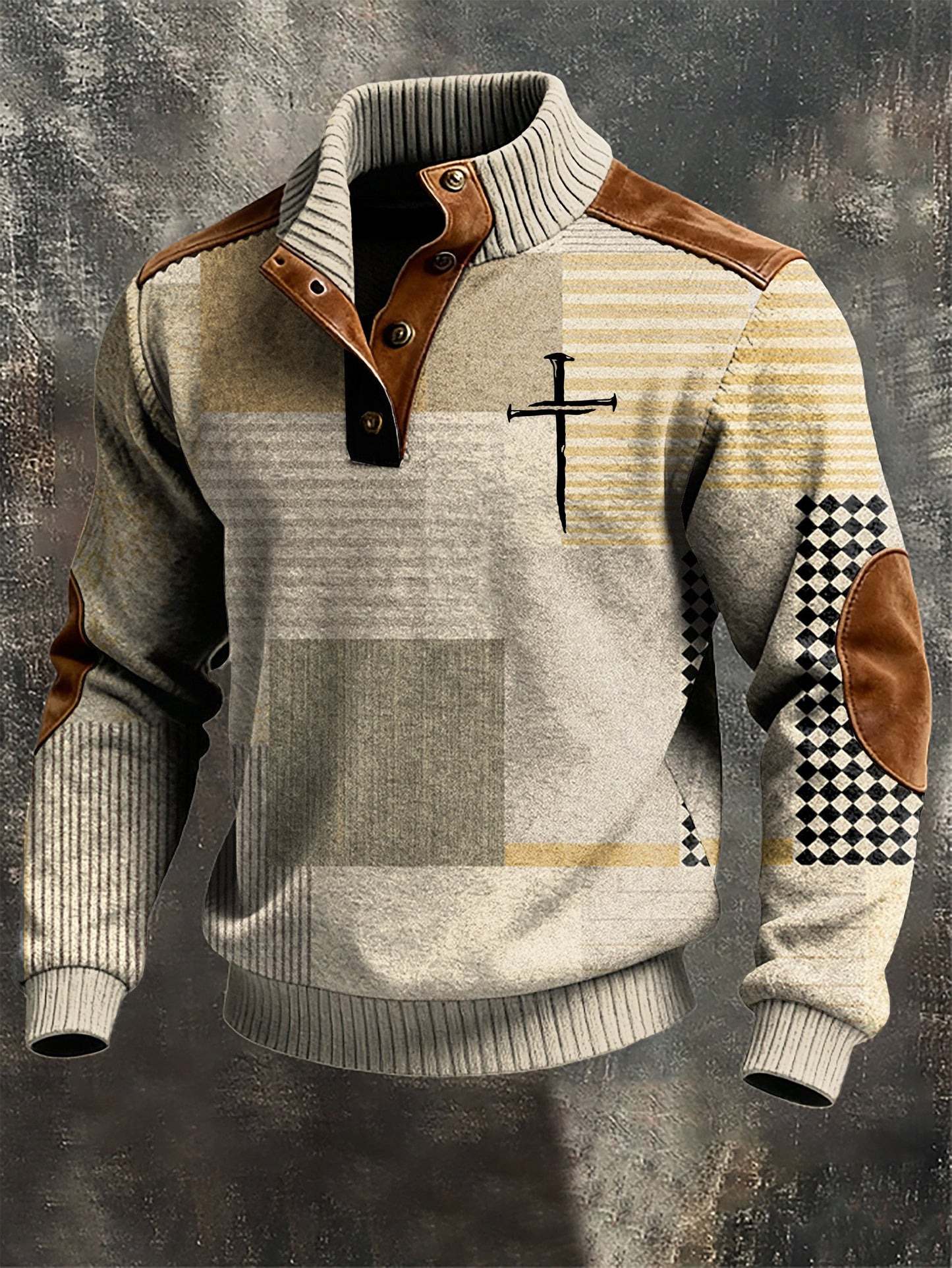 Men's Vintage Faith Design Print Casual Button-Up Sweatshirt