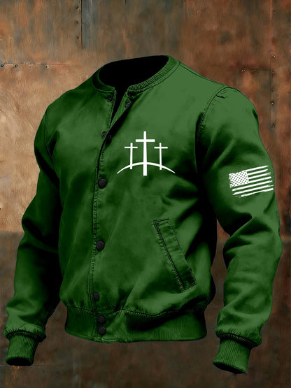 Men's Vintage Faith Cross Design Baseball Collar Jacket
