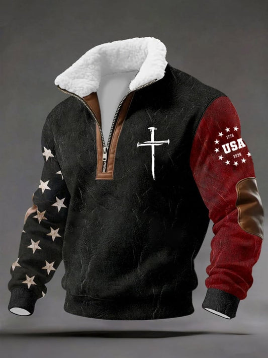 Men's Retro Faith Flag Design Print Fur Collar Zip-Up Sweatshirt