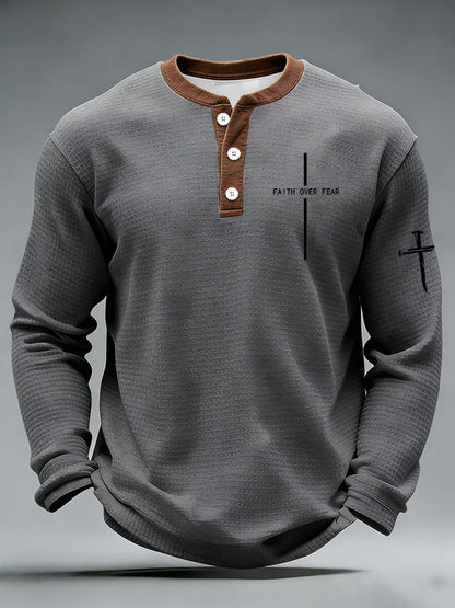 Men's casual faith-overcoming-fear waffle-knit Henley shirt