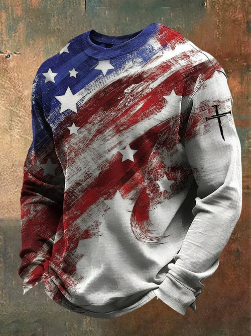 Men's casual retro national flag waffle-knit T-shirt