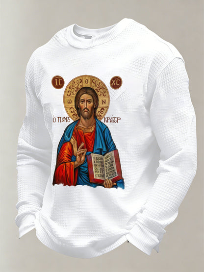 Jesus Victory Christian Orthodox Icon Men's print waffle-knit long-sleeved T-shirt