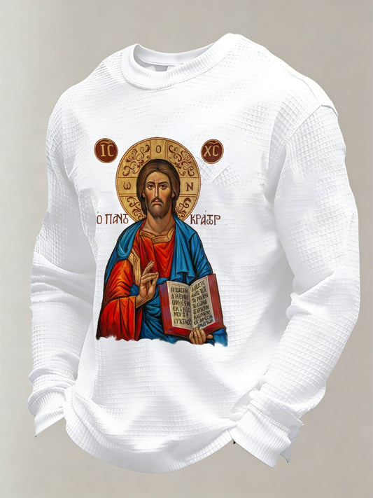 Jesus Victory Christian Orthodox Icon Men's print waffle-knit long-sleeved T-shirt