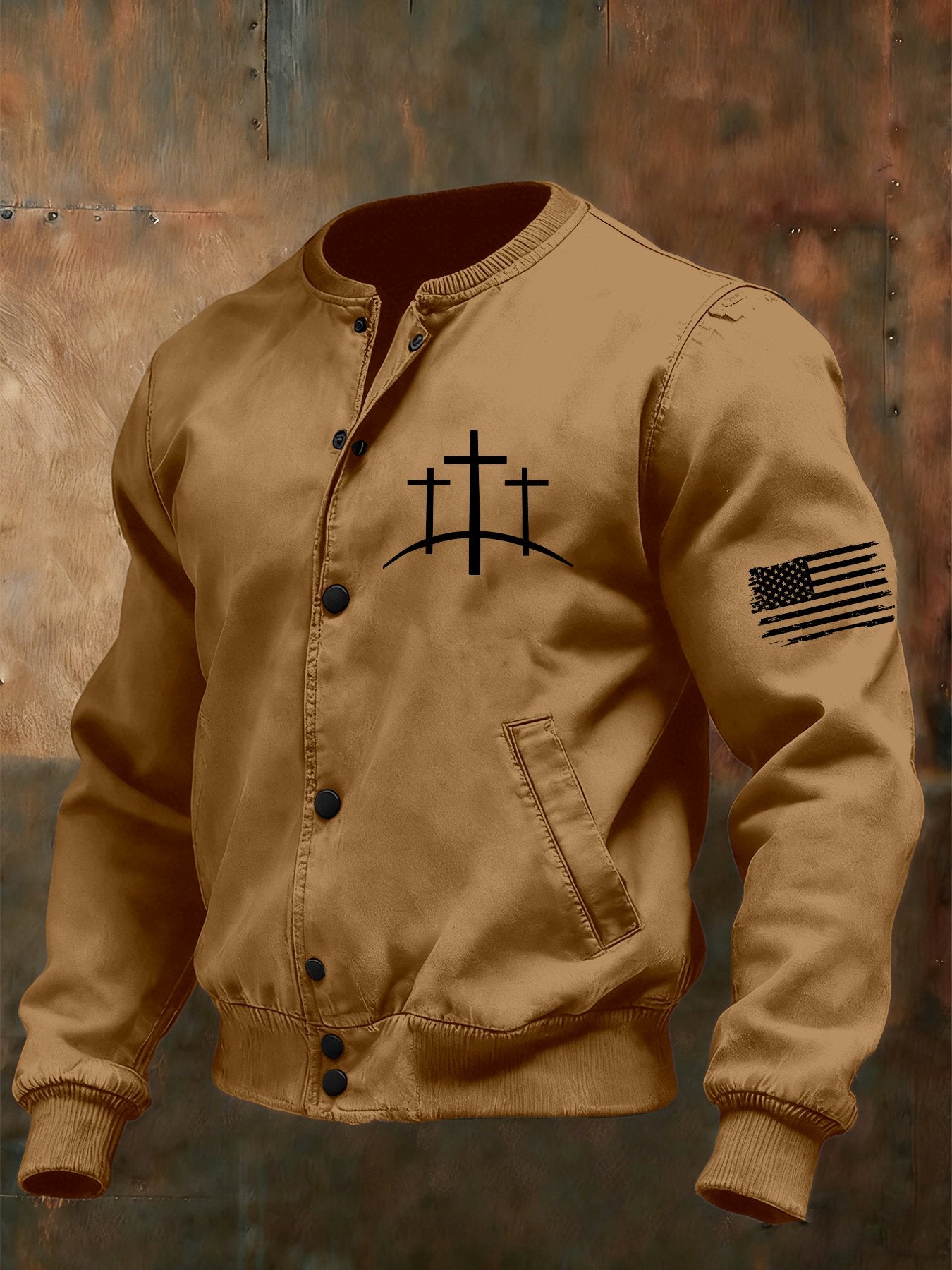Men's Vintage Faith Cross Design Baseball Collar Jacket