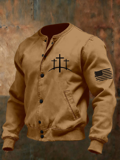 Men's Vintage Faith Cross Design Baseball Collar Jacket