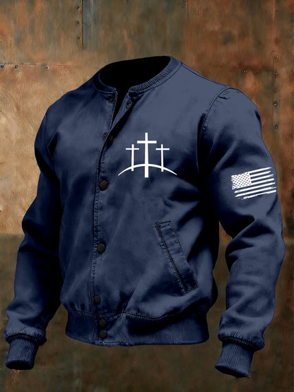 Men's Vintage Faith Cross Design Baseball Collar Jacket