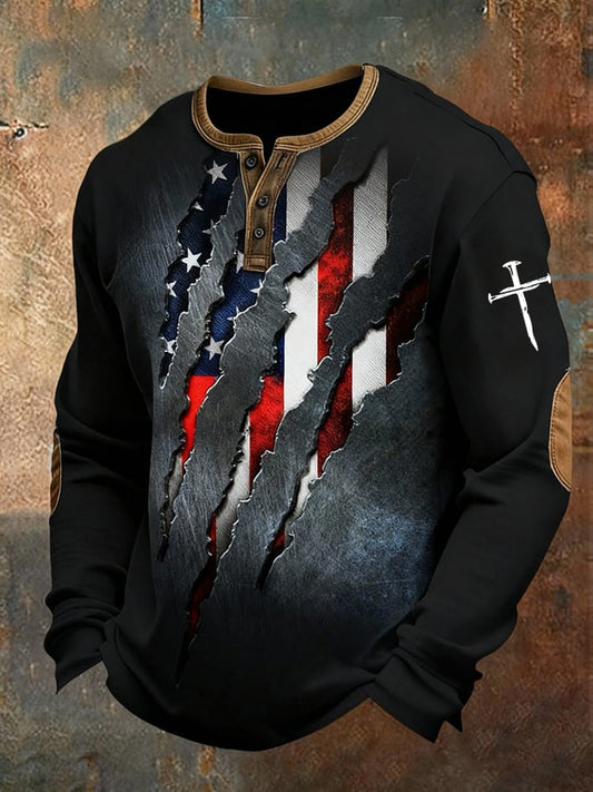 Men's casual retro flag-print Henley shirt