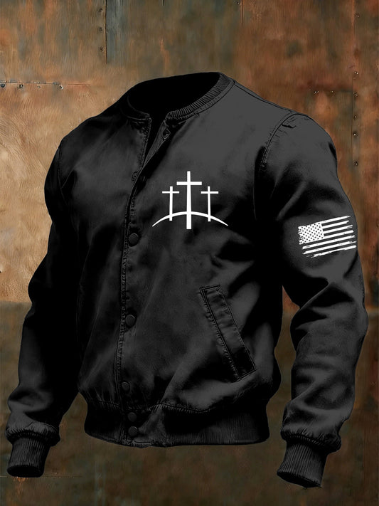 Men's Vintage Faith Cross Design Baseball Collar Jacket