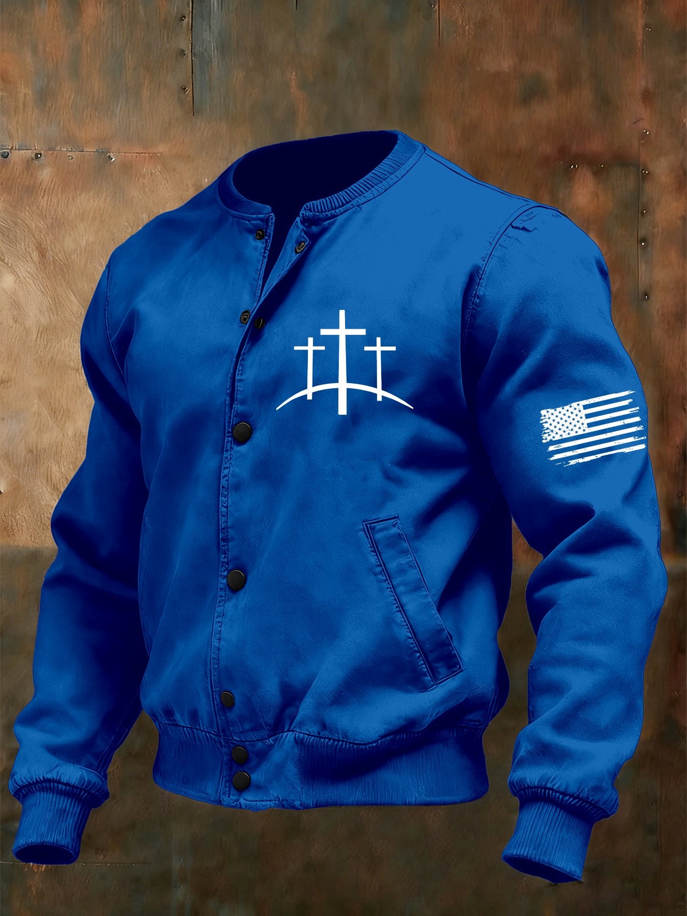 Men's Vintage Faith Cross Design Baseball Collar Jacket