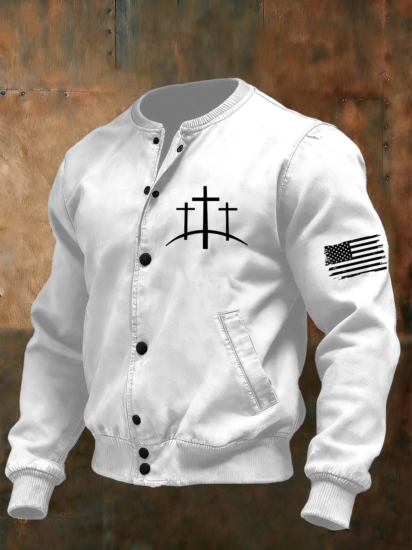 Men's Vintage Faith Cross Design Baseball Collar Jacket