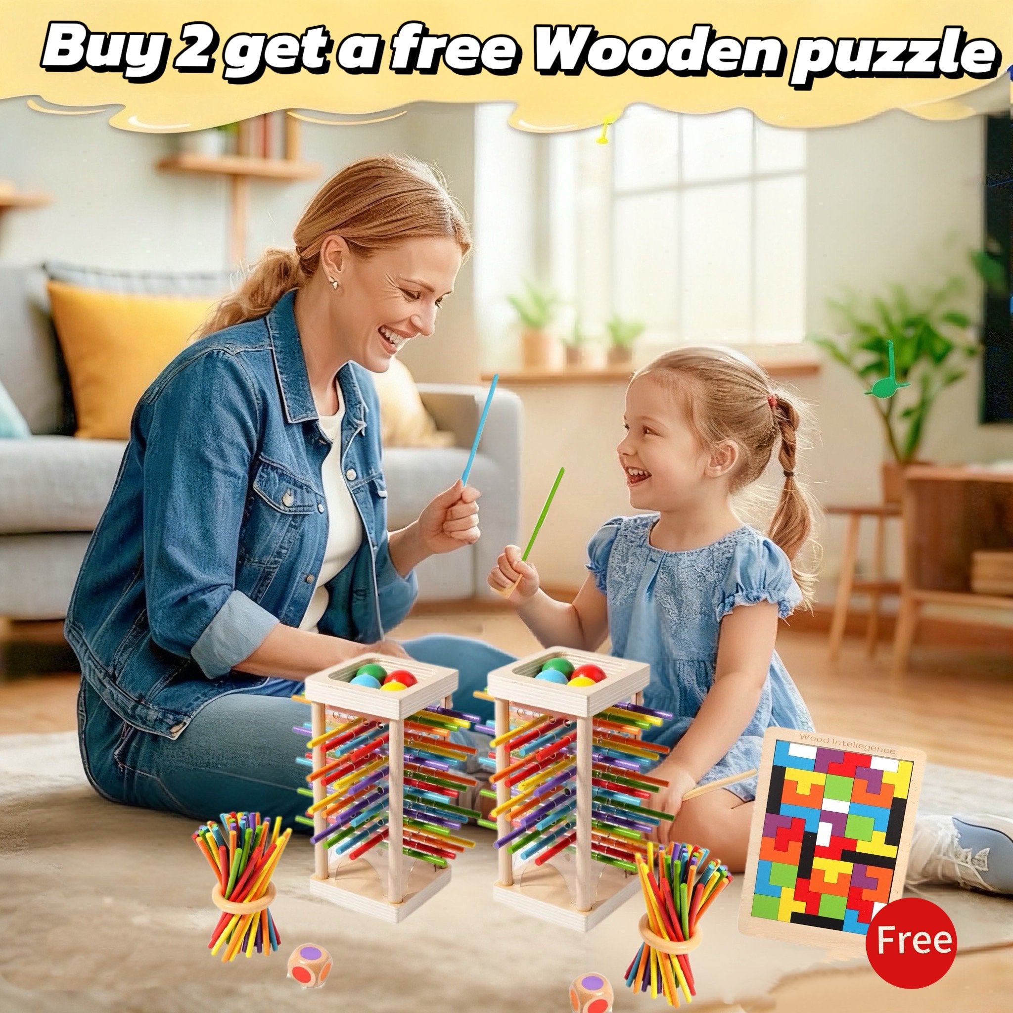 🔥Wooden Stick Game, Colorful Educational Toy for Cognitive Development & Focus Training, Includes Mixed Colors Sticks and one-level Puzzle