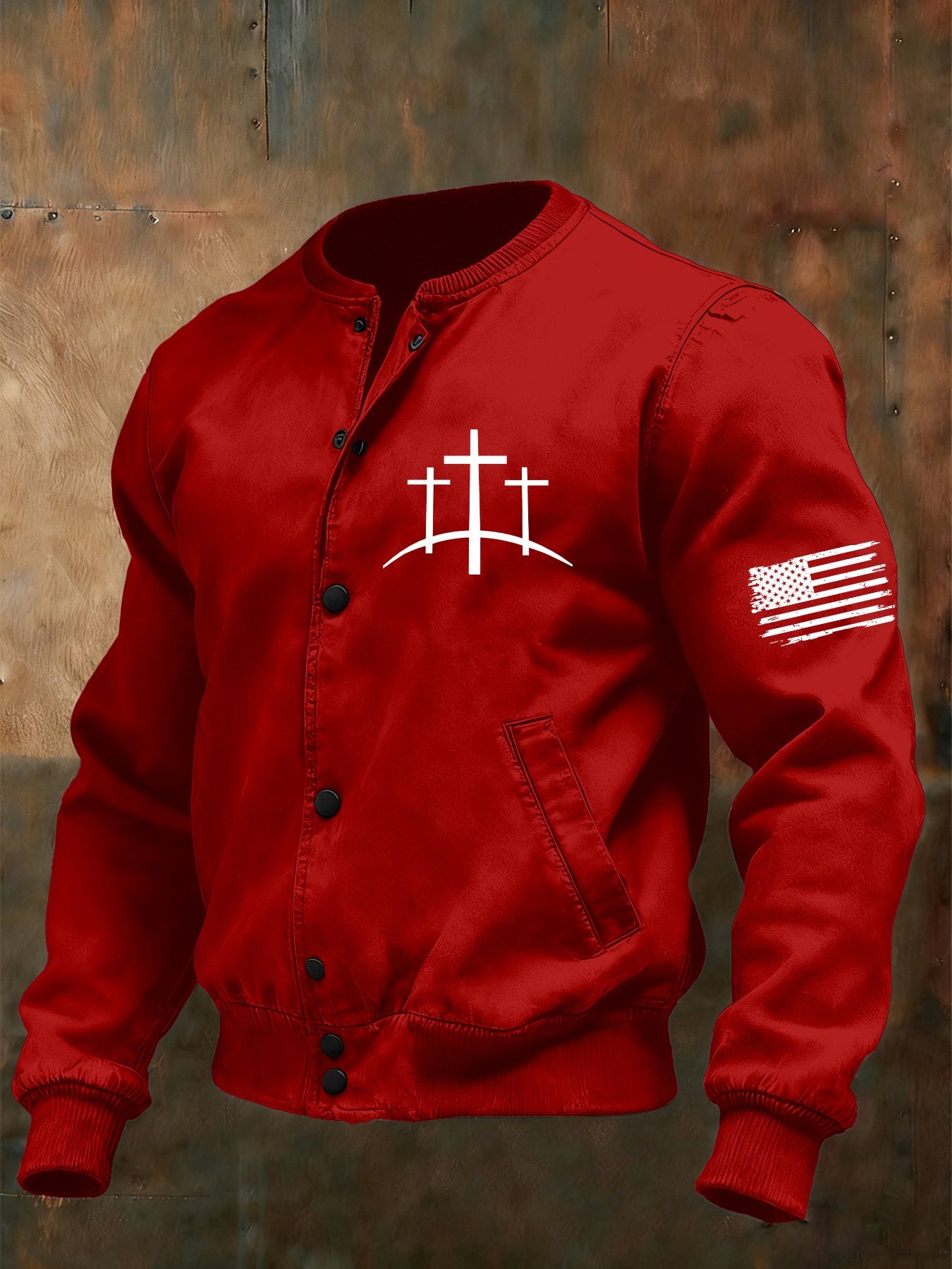 Men's Vintage Faith Cross Design Baseball Collar Jacket
