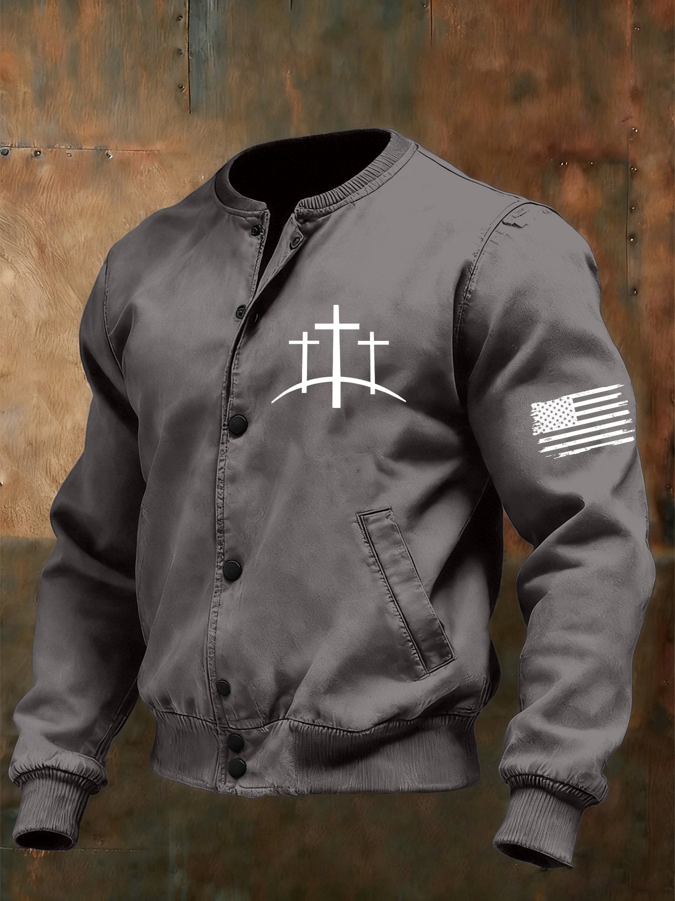 Men's Vintage Faith Cross Design Baseball Collar Jacket